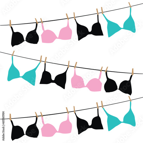 bras, underwear drying on a clothesline.