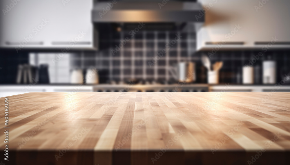 Empty beautiful wood table top counter and blur bokeh modern kitchen interior background in clean and bright, Banner, Ready for product montage