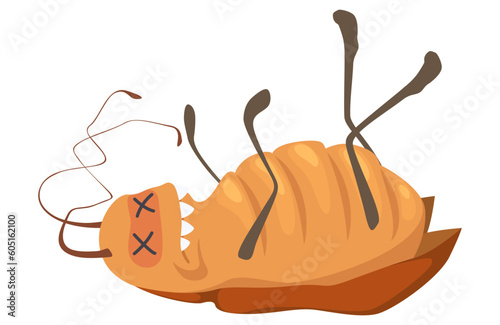 Funny dead cockroach character isolated on white
