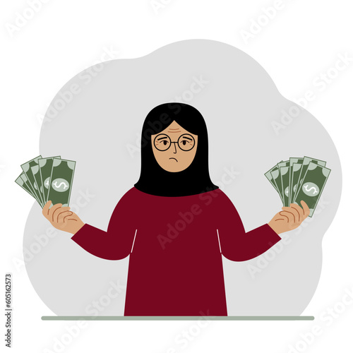 A muslim woman with banknotes in both hands. The concept of wealth. Vector