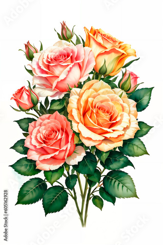 Colorful roses on white background  watercolor style. Bud and flowers of roses on white background  watercolor hand drawing  botanical painting