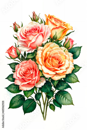 Colorful roses on white background, watercolor style. Bud and flowers of roses on white background, watercolor hand drawing, botanical painting