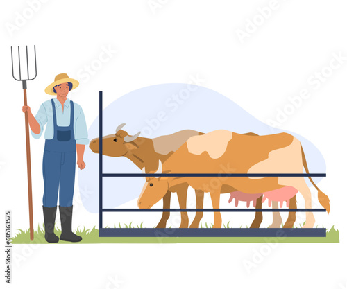 Man farmer taking care of cow at stall vector illustration