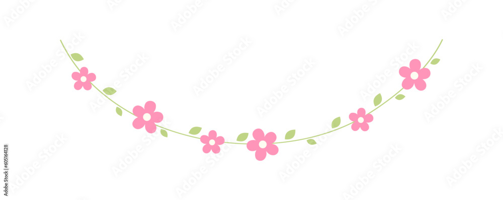 Hanging vines with pink flowers garland vector illustration. Simple minimal floral botanical design elements for spring.