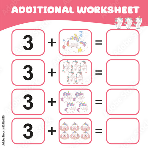 Counting unicorn activity for children. Mathematic worksheet for kids. Additional math worksheet. Count and write activity for kids. Vector file. Math worksheet for preschool children. 