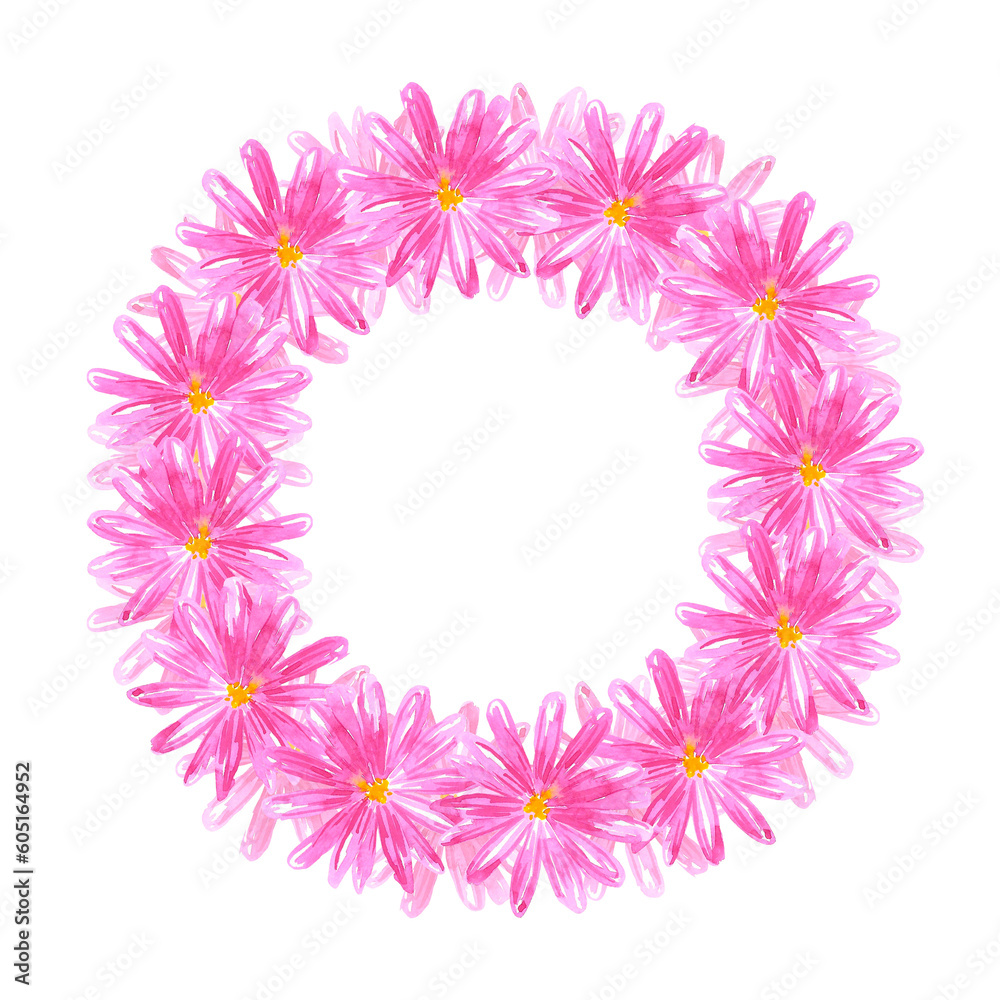 Hand drawn watercolor pink daisy flower wreath. Isolated on white background. Scrapbook, post card, banner, lable. Hand drawn watercolor pink daisy flower wreath. Isolated on white background. Scrapbook, post card, banner, lable.