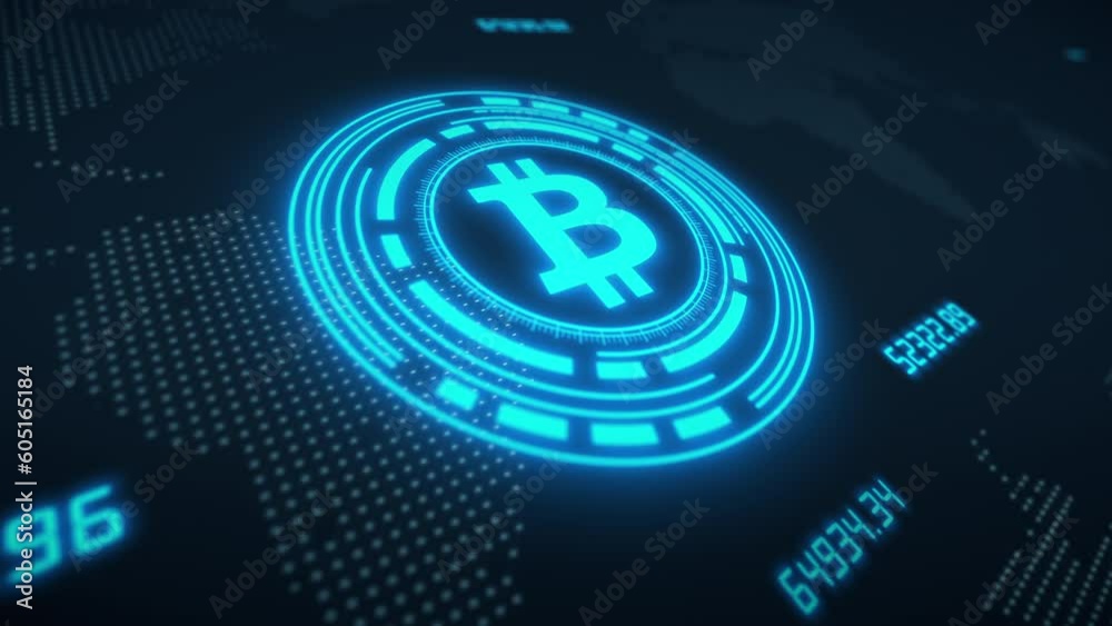 Video animation of bitcoin logo in blue with HUD on dark background - digital currency - cryptocurrency