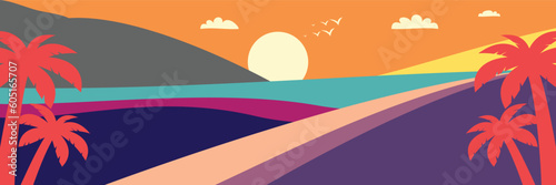 colorful summer background with sunset shades and palm tree icons. vector illustration for promotional banners, greeting cards, posters, social media and web.