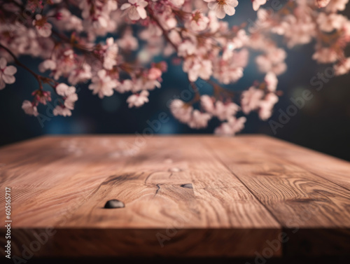 Wooden table with cherry blossoms in a cafe on blurred background