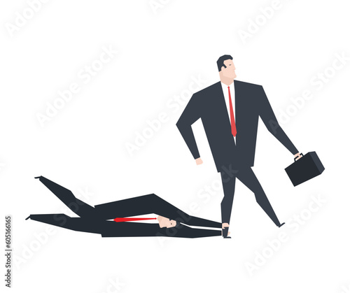 Team Pleading With boss. Man holding boss leg as she walks away