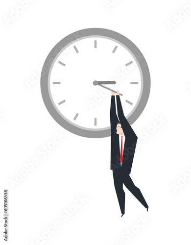 Deadline managers hang on Clock hand. Concept of stop time to solve work tasks. Shortage in project time. Stop time