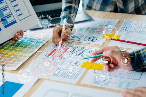 ￼.UX graphic designer planning application process development prototype wireframe for web smart phone. Creative digital development agency.