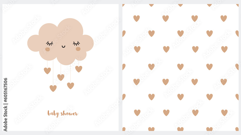 Cute Vector Prints. Sweet Smiling Cloud with Dropping Hearts. Lovely Baby Shower Card. Gender Neutral. Seamless Vector Pattern with Rain of Hearts on a White Background. Baby Shower Party Invitation.