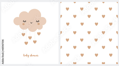 Cute Vector Prints. Sweet Smiling Cloud with Dropping Hearts. Lovely Baby Shower Card. Gender Neutral. Seamless Vector Pattern with Rain of Hearts on a White Background. Baby Shower Party Invitation.