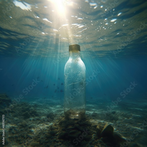 bottle, water, underwater, ocean, plastic bag, plastic, ocean, pollution, drink, plastic, liquid, glass, isolated, blue, mineral, transparent, cold, clear, beverage, healthy, fresh, white, clean, cont