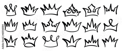 Set of doodle crowns vector. Hand drawn king or queen crowns luxurious prince and princess head accessories, diadems. Royal head tiara illustration collection design for graffiti, decorative.