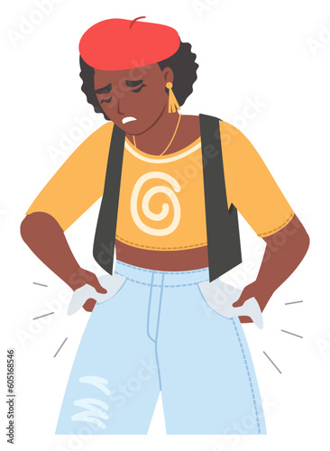 Stressed woman showing empty pocket vector illustration