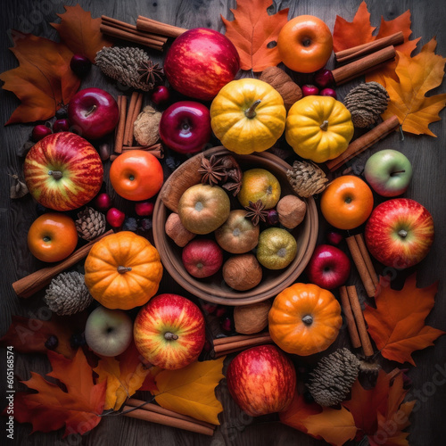 Vibrant autumnal scene with a variety of beautifully arranged pumpkins, apples, and leaves, showcasing the natural colors of the season.