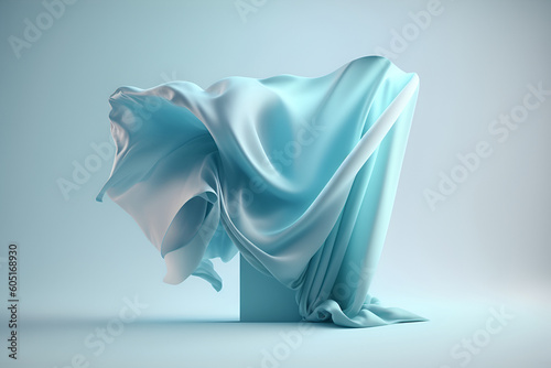 Beautiful light pastel blue silk cloth floating flying in the air. With copy text space. Mock up template for product presentation. 	