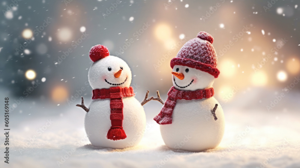 Two happy snowmen in red knitted hats and scarves against a snowy background and beautiful bokeh. Happy new year and christmas. Christmas card.Generative AI