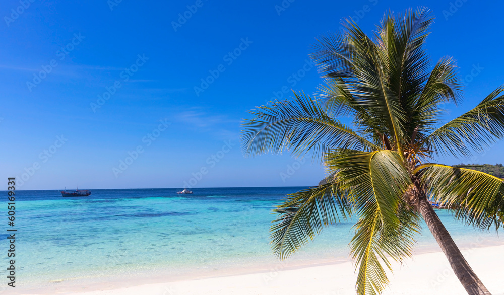 Banner view of summer tropical on the sandy beach and turquoise Tropical beach with blue sky background