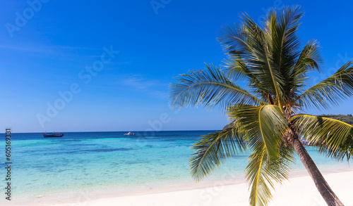 Banner view of summer tropical on the sandy beach and turquoise Tropical beach with blue sky background © SASITHORN