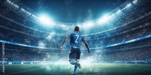 3D Render Football Player Standing in Soccer Stadium, Future Dream to Be a Professional Footballer. Generative AI © CYBERUSS