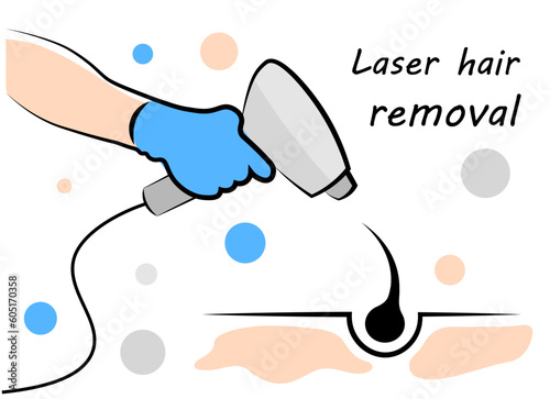 Laser hair removal. Photo epilation. A hand with a laser removes hair. Vector illustration in doodle style
