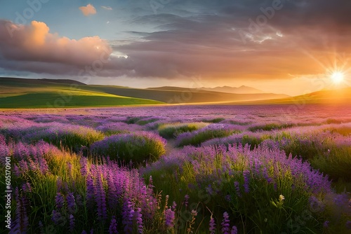 A peaceful serene meadow landscape at sunset, with vibrant wildflowers in full bloom