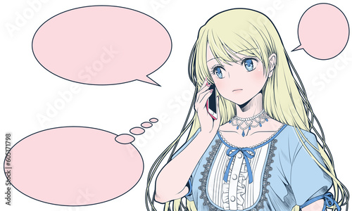 スマホで電話をかける若い女性・呼び出し中（テキスト入力用フレーム付き）