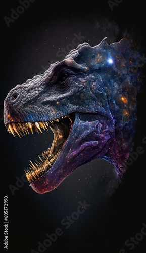 a dinosaur head depicted with a galaxy background