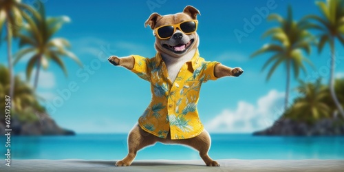 Dog with summer shirt and sunglasses dancing on tropical beach. Generative AI © CYBERUSS