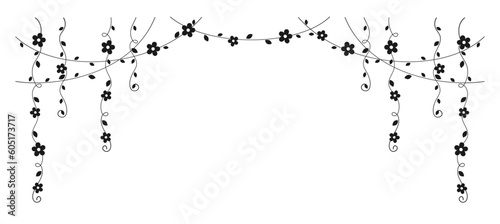 Hanging vines with flowers silhouette vector illustration. Simple minimal floral botanical vine curtain design elements for spring.