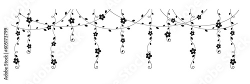 Hanging vines with flowers silhouette vector illustration. Simple minimal floral botanical vine curtain design elements for spring.