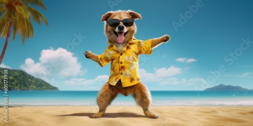 Dog with summer shirt and sunglasses dancing on tropical beach. Generative AI