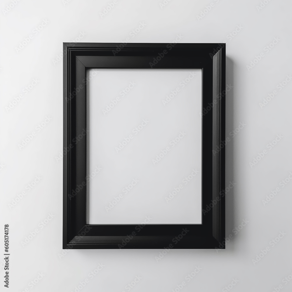 Empty wooden picture frame mockup hanging on white wall background. Art, poster display. Generative AI Empty wooden picture frame mockup hanging on white wall background. Art, poster display. Generative AI