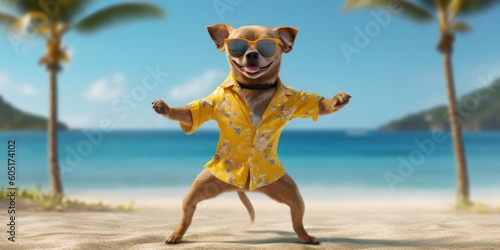 Dog with summer shirt and sunglasses dancing on tropical beach. Generative AI