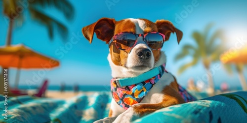 Dog Wearing Summer Shirt with Sunglasses on Tropical Beach. Generative AI © CYBERUSS