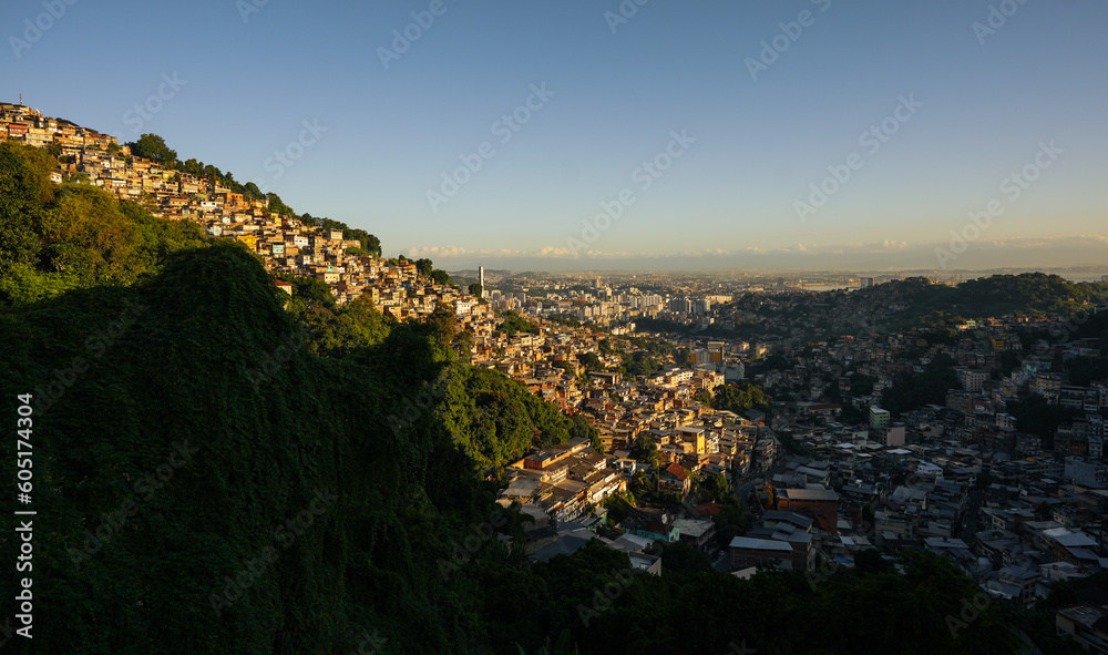 Rio de Janeiro wide angle view with the landscape of houses in a favela region. Favelas of Rio de Janeiro, Brazil.