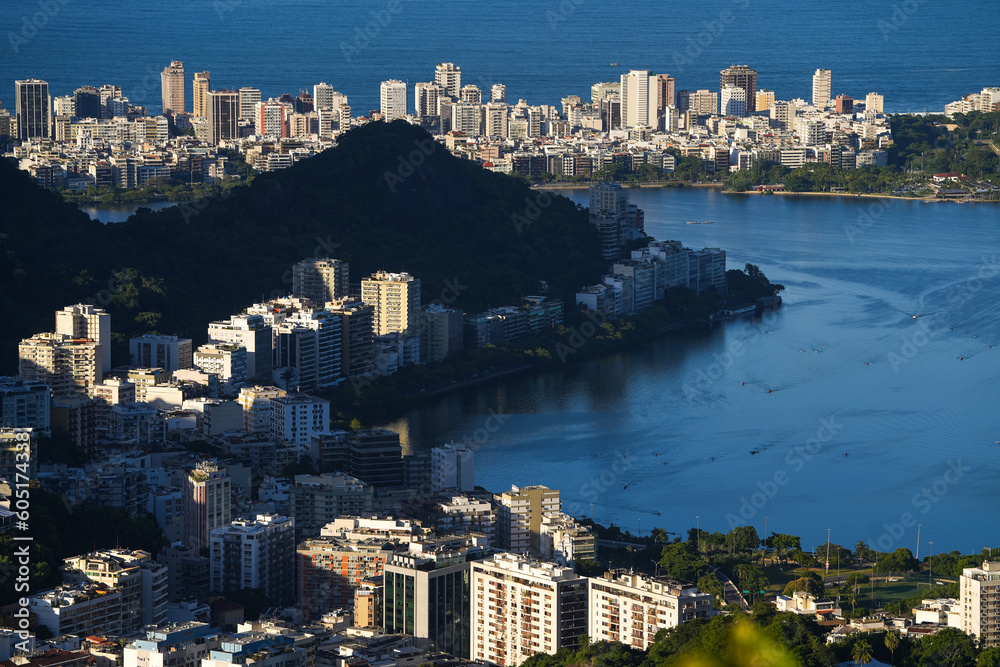 Rio de Janeiro from above during a beautiful summer morning. Aerial photo with the skyline of Rio city, view to Sugar Loaf landmark mountain. Travel to Brazil.