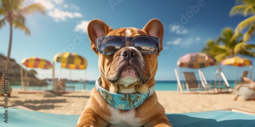Dog Wearing Summer Shirt with Sunglasses on Tropical Beach. Generative AI