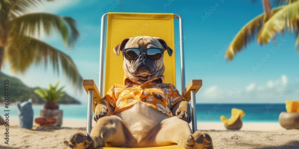 Fototapeta premium Dog Wearing Summer Shirt with Sunglasses Relax on Beach Chair. Generative AI