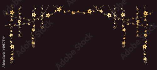 Gold vines with flowers vector illustration. Simple minimal golden floral botanical curtain design elements for spring.