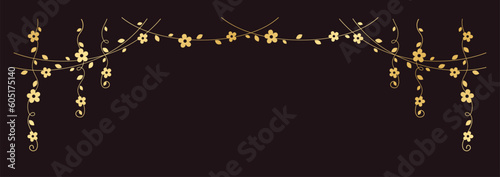 Gold vines with flowers vector illustration. Simple minimal golden floral botanical curtain design elements for spring.