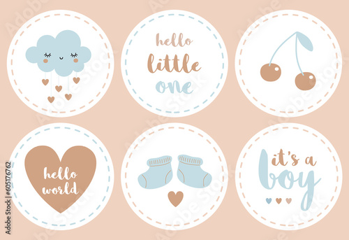 It's a Boy. Round Shape Vector Stickers. Lovely Baby Shower Party Decoration ideal for Tag, Toppers, Candy Bar. Smiling Cloud with Rain of Hearts, Baby Boots, Heart and Cherry on a White Background. 