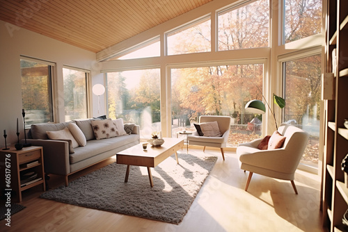 A living room of a beautiful bright modern Scandinavian style house with large windows opening, generative AI   © TimosBlickfang