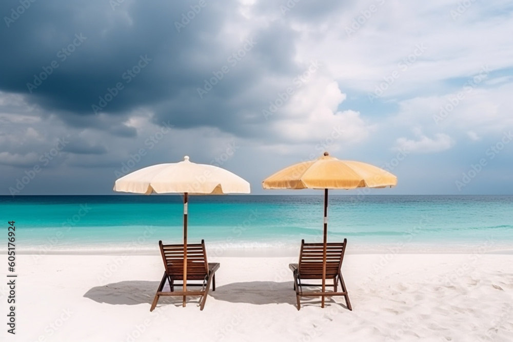 Beautiful beach banner, White sand chairs and umbrella travel tourism wide panorama background concept, Amazing beach landscape