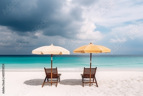 Beautiful beach banner, White sand chairs and umbrella travel tourism wide panorama background concept, Amazing beach landscape © alisaaa