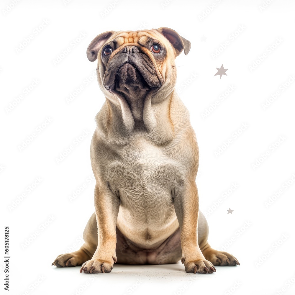 Obraz premium pug, dog, animal, puppy, pet, isolated, white, cute, canine, breed, mops, portrait, mammal, sitting, purebred, white background, pets, funny, adorable, domestic, brown, small, pedigree, animals, frien