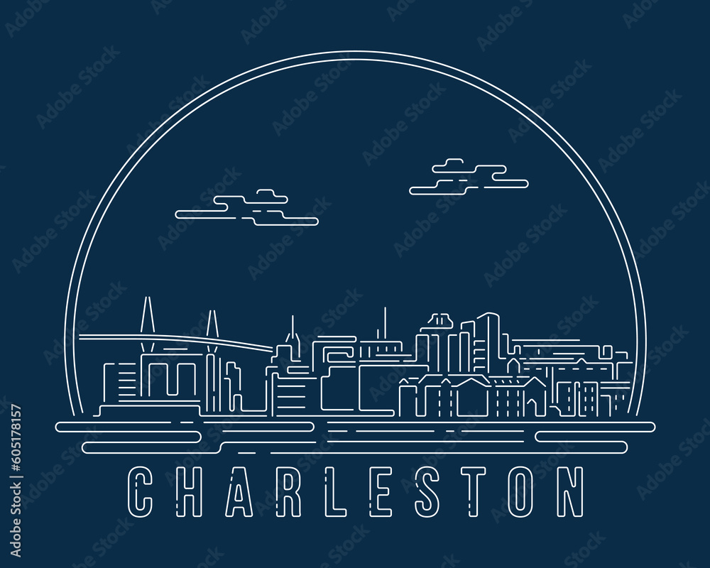 Obraz premium Charleston, South Carolin - Cityscape with white abstract line corner curve modern style on dark blue background, building skyline city vector illustration design